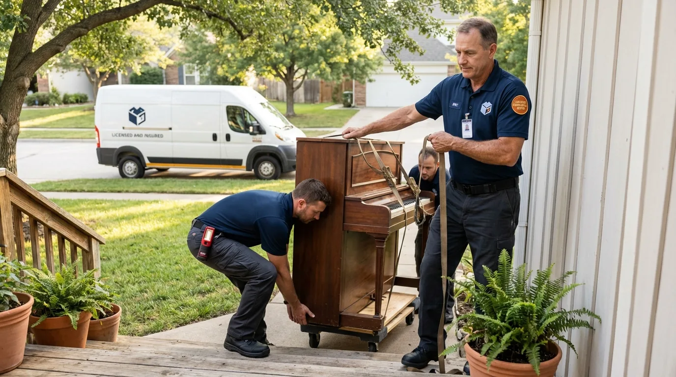 Licensed piano movers securing grand piano in Landrum, SC