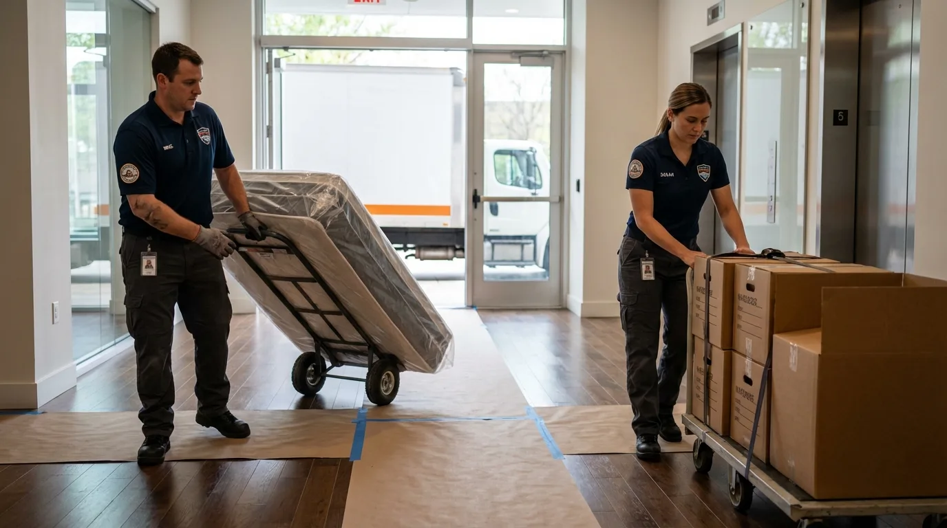 Professional apartment movers loading elevator in Landrum, SC